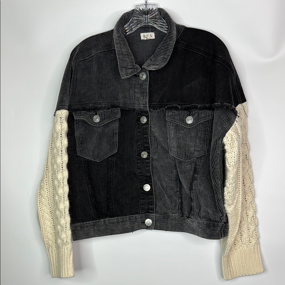POL Black Gray Patchwork Denim Button Jacket Size Small